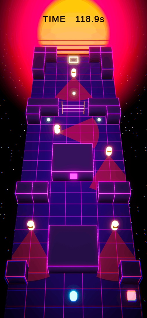 Stealth Particles level 3: neon grid corridor with guards and their red vision cones